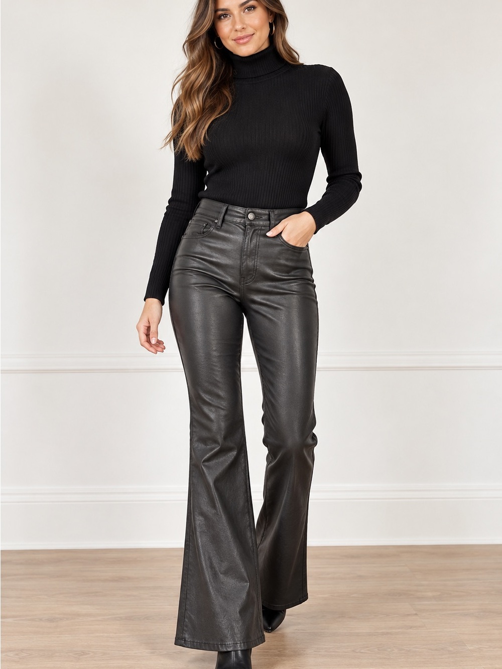 Edikted Black Faux Leather Flare Jeans